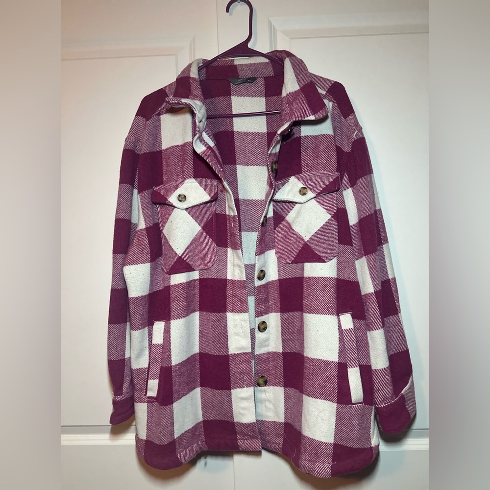 Plaid Shacket Jacket Burgundy/Cream